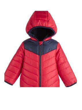 Baby Boys 3-6 Months Hooded Puffer Jacket Red & Navy Polyester Outerwear